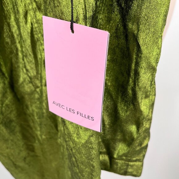 Avec Les Filles Trench Coat Size M Green Crinkle Satin Double Breasted-Flawed - Picture 15 of 15